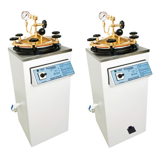 Autoclave vertical de alta pressão para esterilização de materiais laboratoriais. Capacidade 75L, temperatura até 134°C, pressão 2 bar, timer programável, válvula de segurança tripla. Construção em aço inox AISI 304. Certificado Inmetro. 220V monofásico.