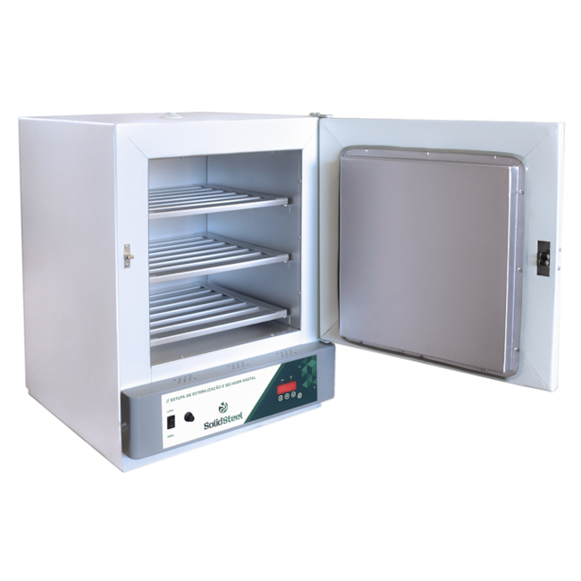 Estufa de grande porte para esterilização e secagem, capacidade 630 litros. Faixa de temperatura ambiente +10°C até 250°C, circulação forçada de ar, timer digital, 4 prateleiras ajustáveis em aço inox. Isolamento térmico em lã de rocha. Certificado Inmetro. 220V trifásico.