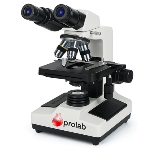 Microscópio biológico binocular profissional com ampliação de 1600X, iluminação LED, objetivas acromáticas 4x, 10x, 40x e 100x (óleo). Ideal para análises clínicas, pesquisa e ensino. Inclui maleta para transporte. Voltagem: 110/220V bivolt.